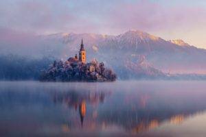 Lake Bled, Island, Church, Mountains, Mist, Reflection