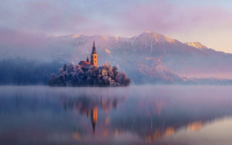 Lake Bled, Island, Church, Mountains, Mist, Reflection HD Wallpaper Desktop Background