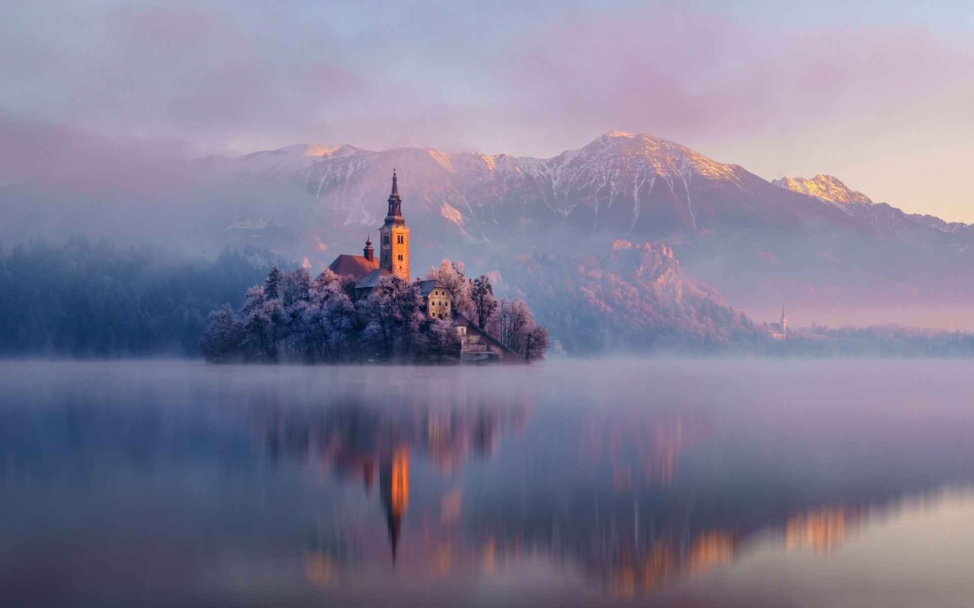 Lake Bled, Island, Church, Mountains, Mist, Reflection Wallpaper