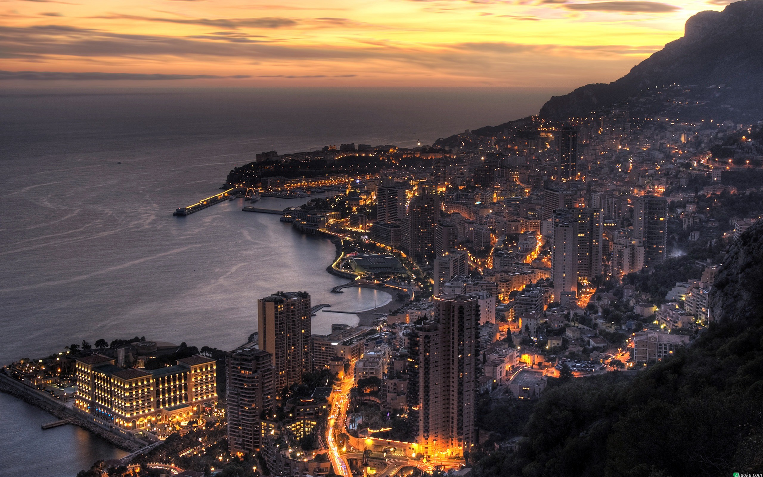 photography, Monaco, City, Sunset, Lights, Sea Wallpaper
