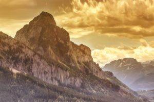 Grosser Mythen, Switzerland, Europe, Gold, Green, Mountains, Hills, Grass, Trees, Panorama, Snow, Peak