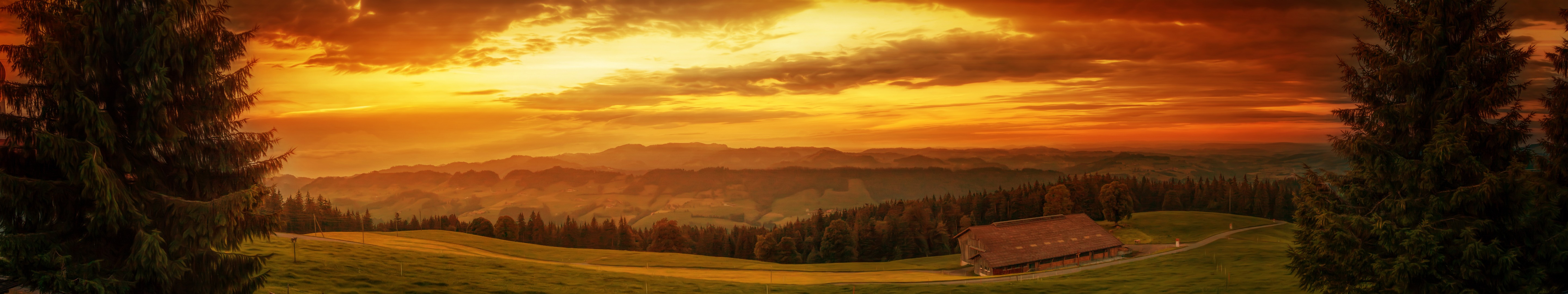sky, Gold, Green, Trees, Hut, House, Road, Fence, Bench, Sunset, Hills, Panorama Wallpaper