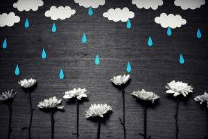 minimalism, Simple, Simple background, Flowers, Clouds, Rain, Water drops, Paper, Selective coloring, Handicraft