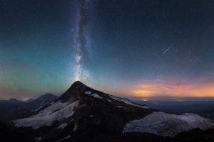mountains, Snow, Stars, Meteors, Sunset, Milky Way, Night, Galaxy