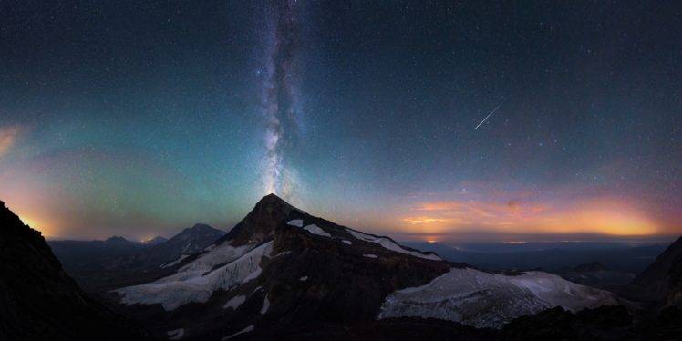 mountains, Snow, Stars, Meteors, Sunset, Milky Way, Night, Galaxy HD Wallpaper Desktop Background