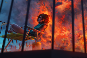 fire, Rooftops, Smoke, Paper, Stars, Chair, Clouds