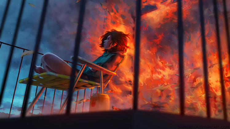 fire, Rooftops, Smoke, Paper, Stars, Chair, Clouds HD Wallpaper Desktop Background