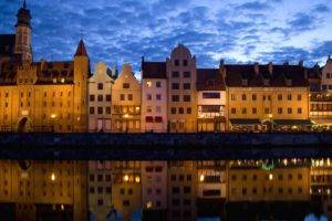 city, Building, Architecture, Reflection, River, Water, Clouds, Night, Lights, Gdańsk, Poland, Symmetry