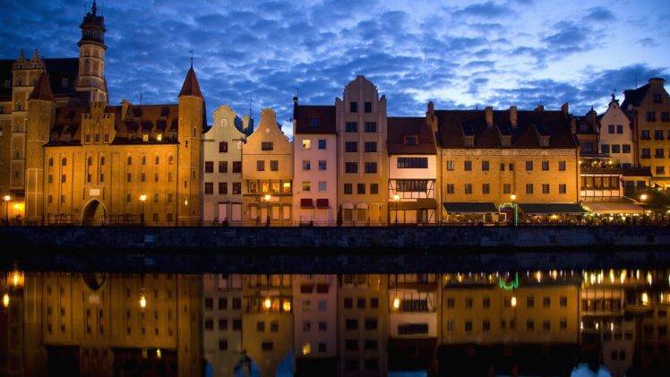 city, Building, Architecture, Reflection, River, Water, Clouds, Night, Lights, Gdańsk, Poland, Symmetry HD Wallpaper Desktop Background