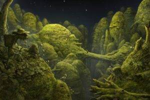 fantasy art, Artwork, Forest, Trees, Green, Nature, Night