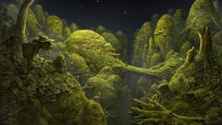 fantasy art, Artwork, Forest, Trees, Green, Nature, Night HD Wallpaper Desktop Background