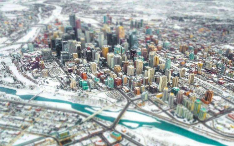 city, Cityscape, Snow, Winter, Building, River, Tilt shift, Urban, Calgary, Canada HD Wallpaper Desktop Background
