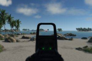 triple screen, Crysis, Sea, Beach, Island, Gun, Depth of field