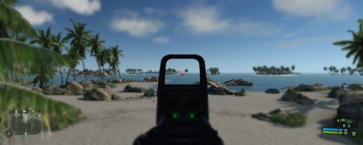 triple screen, Crysis, Sea, Beach, Island, Gun, Depth of field HD Wallpaper Desktop Background