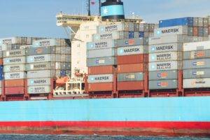 ship, Maersk, Panorama, Harbor, Sea, Water, Vehicle, Freighter, Netherlands, Dutch, Blue, Red, Crate
