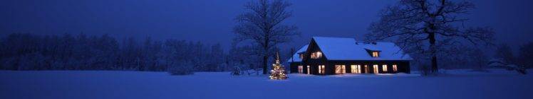 winter, Snow, White, Blue, Lights, Christmas, Holiday, Hut, House, Trees, Christmas Tree, Dark, Panorama, Ultrawide HD Wallpaper Desktop Background
