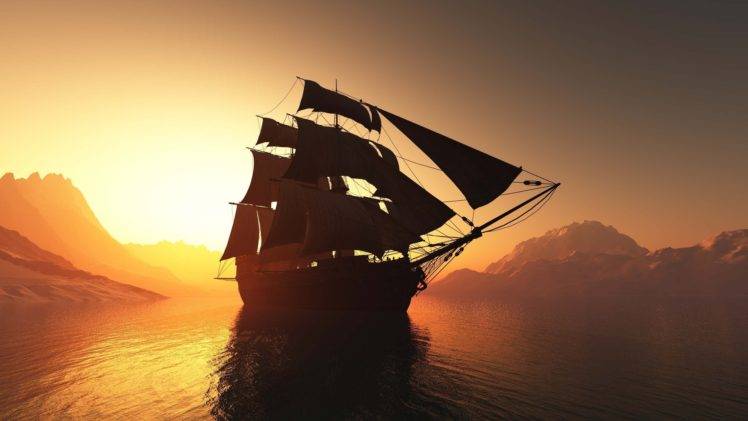 digital art, Water, Sea, Ship, Sailing ship, Sunset, Mountains, Silhouette HD Wallpaper Desktop Background