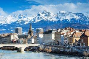 architecture, Building, Cityscape, Trees, House, Grenoble, France, Mountains, Alps, River, Bridge, Church, Snowy peak, Clouds, Hills