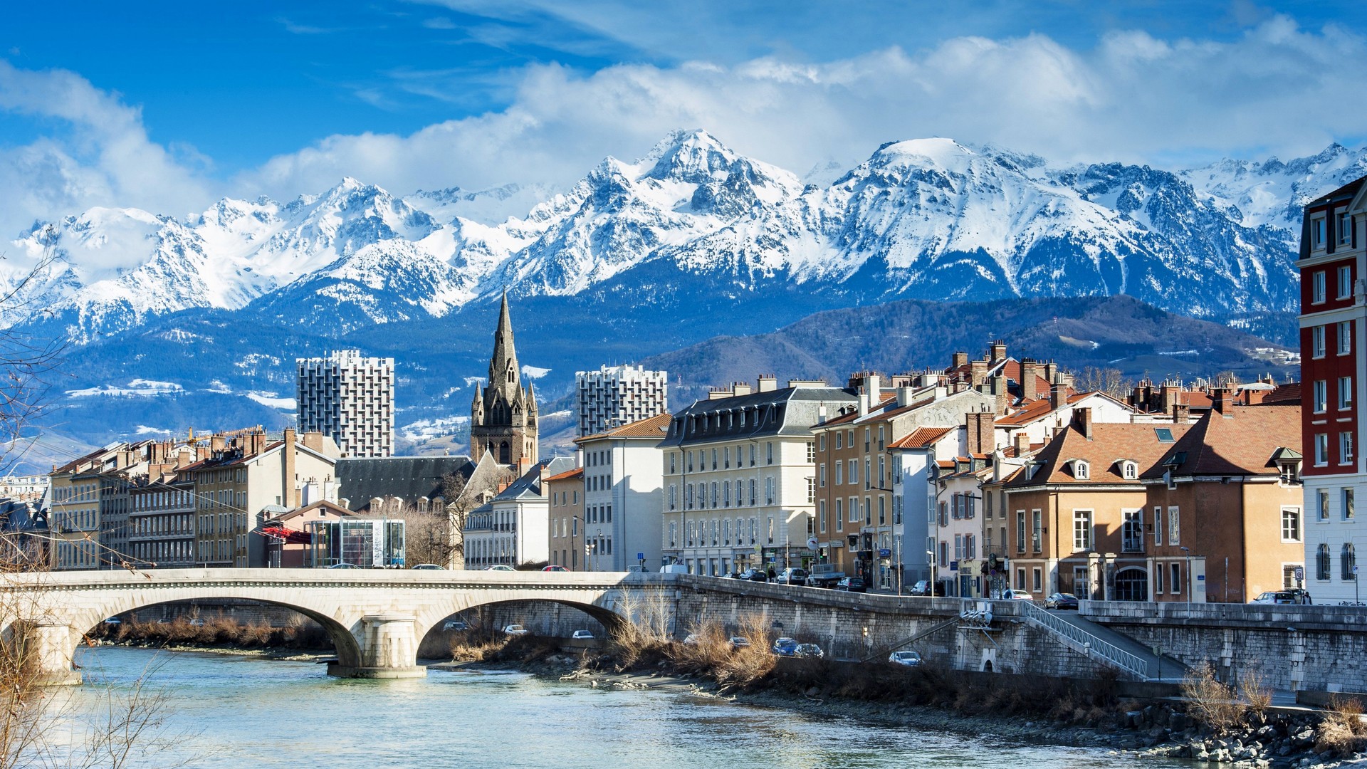 architecture, Building, Cityscape, Trees, House, Grenoble, France, Mountains, Alps, River, Bridge, Church, Snowy peak, Clouds, Hills Wallpaper