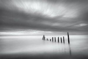 monochrome, Wood, Sea, Long exposure, Clouds