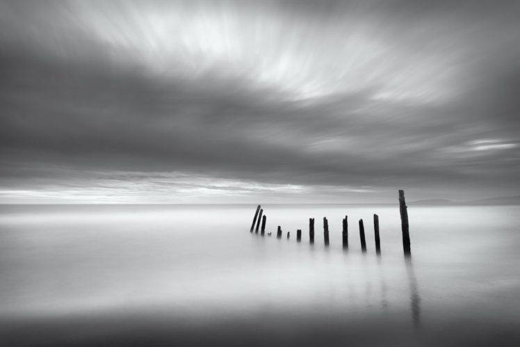 monochrome, Wood, Sea, Long exposure, Clouds HD Wallpaper Desktop Background