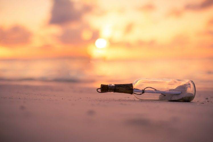 macro, Bottles, Sand, Beach, Sunset, Sunlight HD Wallpaper Desktop Background