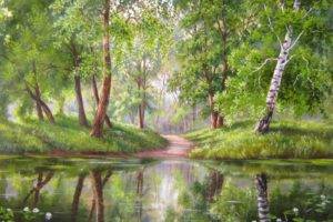 forest, Trees, Water, Nature, Artwork