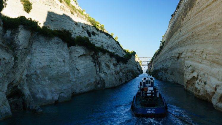 water, Rocks, Tug boats, Boat, Ship, Greece, Sky, Blue, Sand, Cliff HD Wallpaper Desktop Background