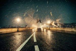 road, France, Night, Paris, City, Winter, Snow flakes, Wet, Lights, Reflection