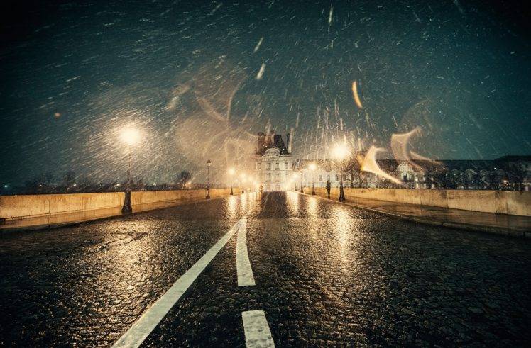 road, France, Night, Paris, City, Winter, Snow flakes, Wet, Lights, Reflection HD Wallpaper Desktop Background