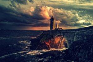 sea, Lighthouse, Clouds, Orange