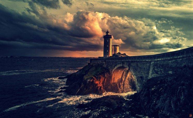 sea, Lighthouse, Clouds, Orange HD Wallpaper Desktop Background