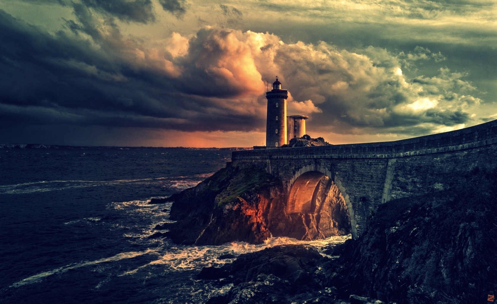 sea, Lighthouse, Clouds, Orange Wallpaper