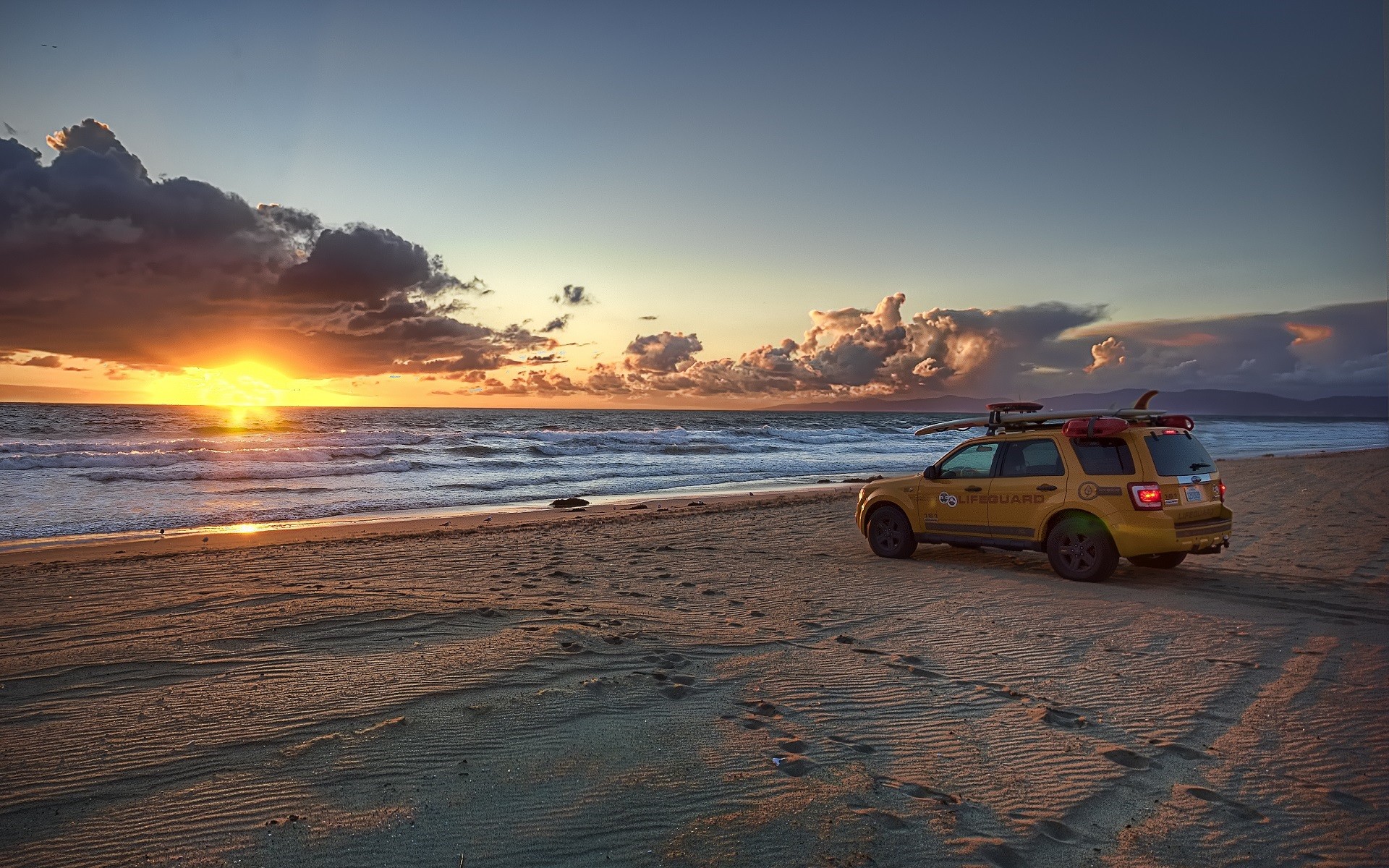 beach, Sunset, Sea, Clouds, Car Wallpaper