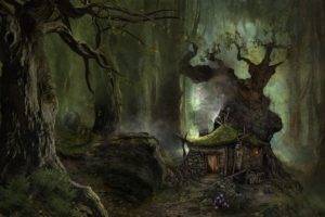 creepy, Digital art, Fantasy art, Nature, Trees, Forest, House, Mushroom, Stone, Rock, Wood, Skull, Mist
