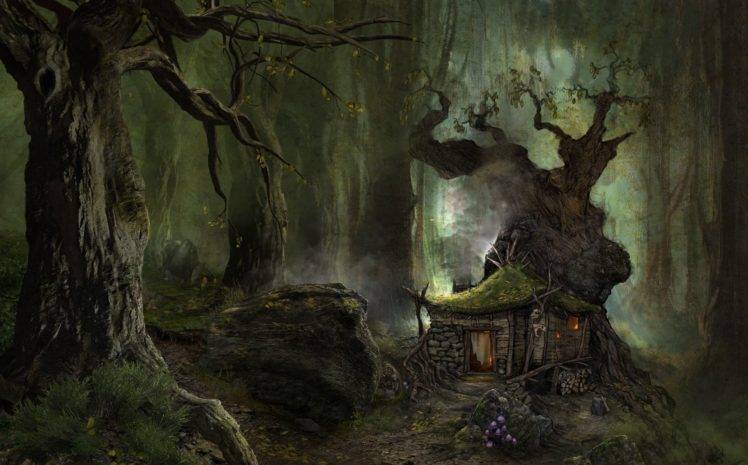 creepy, Digital art, Fantasy art, Nature, Trees, Forest, House, Mushroom, Stone, Rock, Wood, Skull, Mist HD Wallpaper Desktop Background