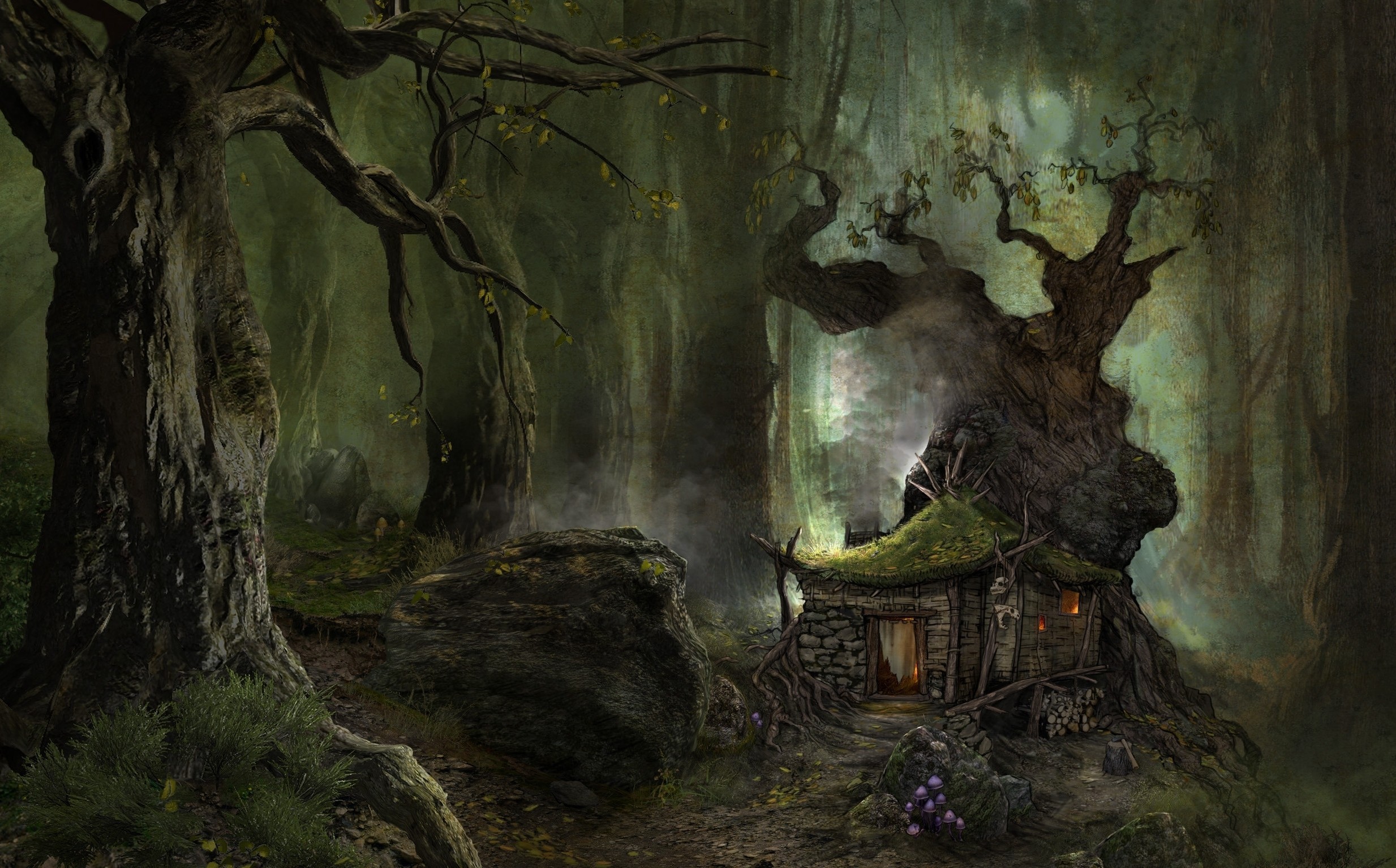 creepy, Digital art, Fantasy art, Nature, Trees, Forest, House, Mushroom, Stone, Rock, Wood, Skull, Mist Wallpaper