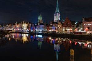 architecture, City, Cityscape, Building, Lübeck, Germany, River, Night, Clouds, Church, House, Lights, Markets, Trees, Tower, Long exposure, Winter, Reflection, Street