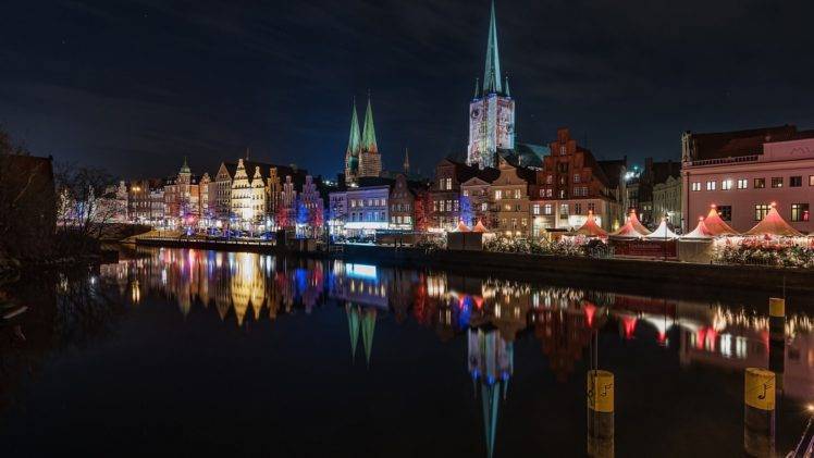 architecture, City, Cityscape, Building, Lübeck, Germany, River, Night, Clouds, Church, House, Lights, Markets, Trees, Tower, Long exposure, Winter, Reflection, Street HD Wallpaper Desktop Background
