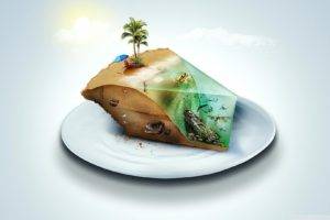 digital art, Piece of cake, Beach, Shipwreck, Palm trees, Dinosaurs, Fish, Tropic island, Tropical water
