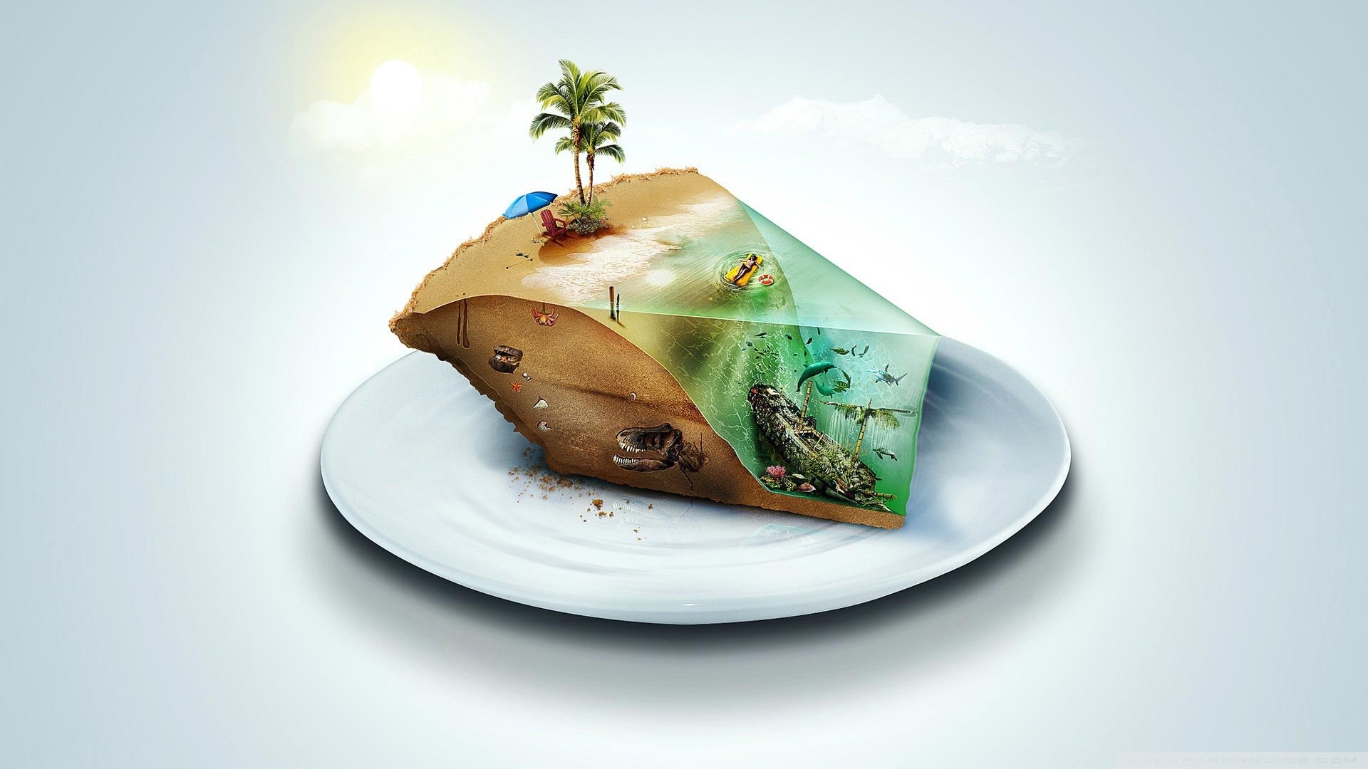 digital art, Piece of cake, Beach, Shipwreck, Palm trees, Dinosaurs, Fish, Tropic island, Tropical water Wallpaper