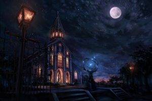 church, Painting, Night sky