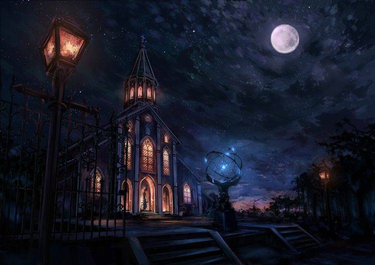 church, Painting, Night sky HD Wallpaper Desktop Background