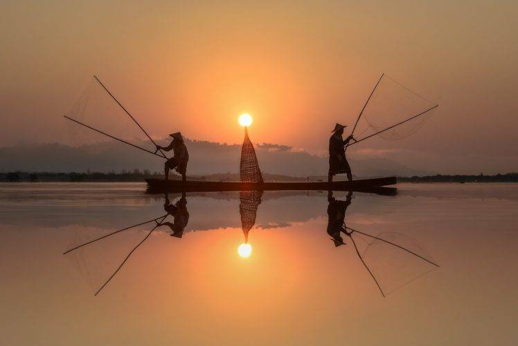photography, Reflection, Sun, Sunset, Fish, Fishing, Mountains HD Wallpaper Desktop Background