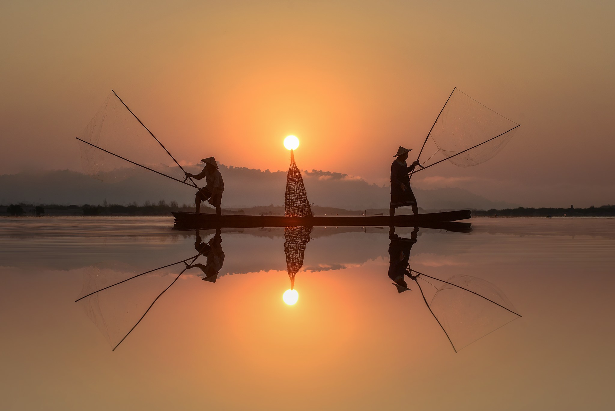 photography, Reflection, Sun, Sunset, Fish, Fishing, Mountains Wallpaper