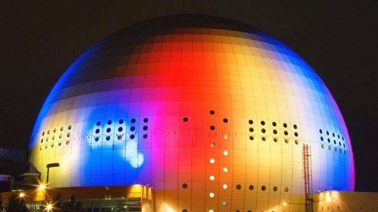 architecture, Modern, Sphere, Night, Sky, Museum, Circle, Colorful, Lights, Globen, Stockholm HD Wallpaper Desktop Background