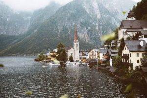Hallstatt, Village, House, Church, Leaves, Ship, Lake, Mountains, Clouds, Trees