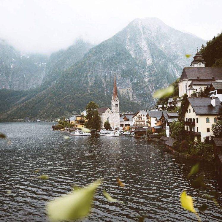 Hallstatt, Village, House, Church, Leaves, Ship, Lake, Mountains, Clouds, Trees HD Wallpaper Desktop Background