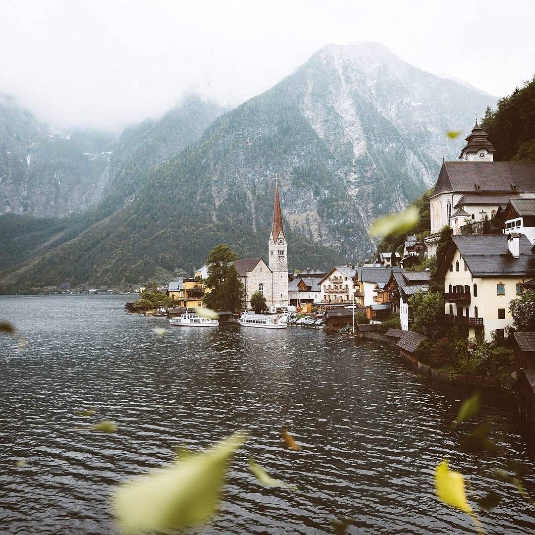 Hallstatt, Village, House, Church, Leaves, Ship, Lake, Mountains, Clouds, Trees Wallpaper