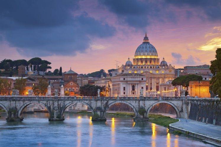 Rome, Italy, Vatican City, Cathedral, Church, River, Bridge, Evening, Lights, Sky, Clouds, Building, Old building, Trees, City, Urban, Cityscape HD Wallpaper Desktop Background